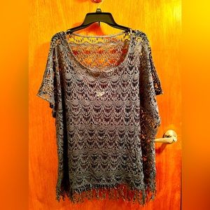 olive gray woven blouse, fringed edge, size XL, includes cami.
